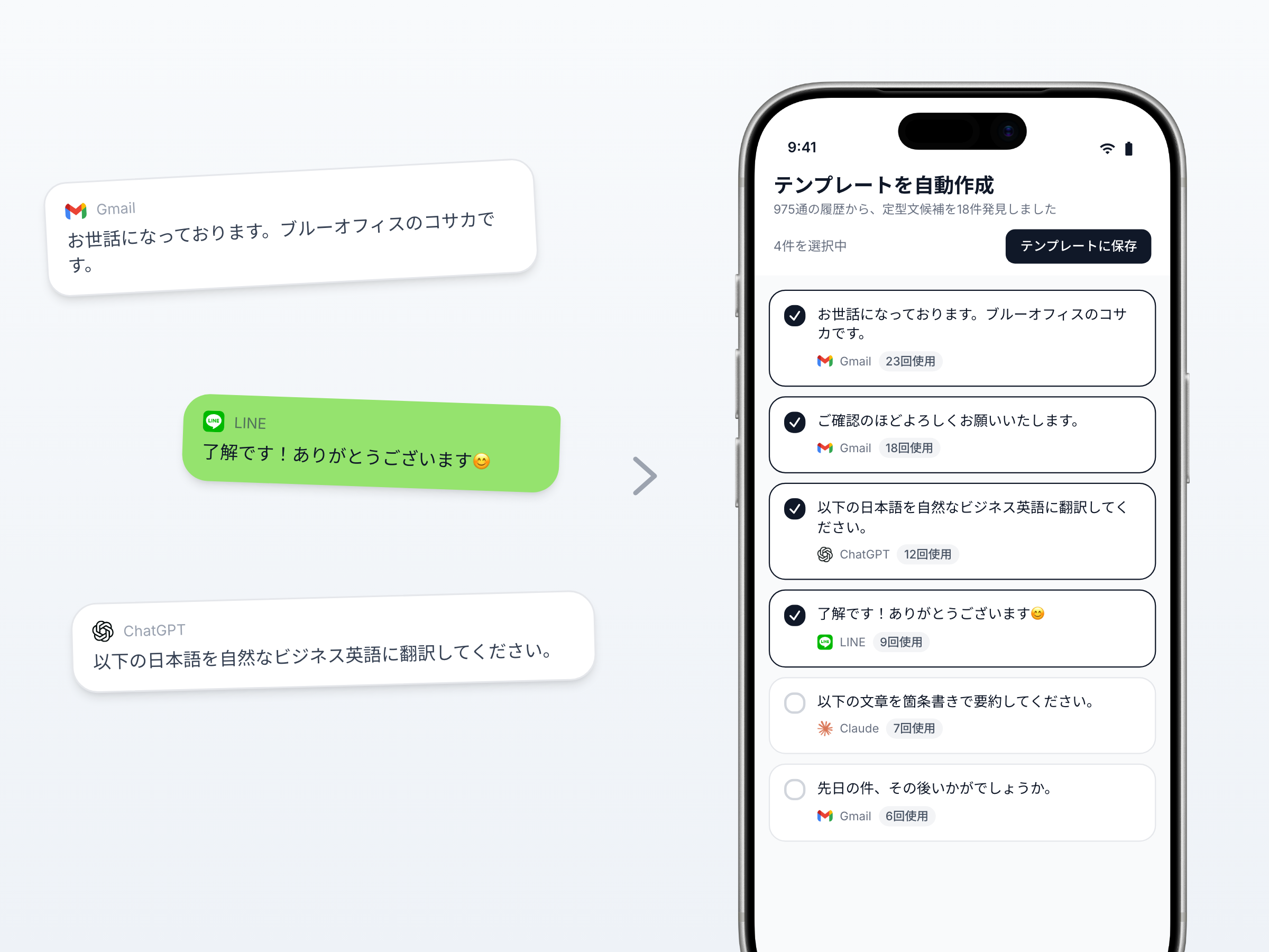 メールやチャットの履歴から、定型文を自動作成